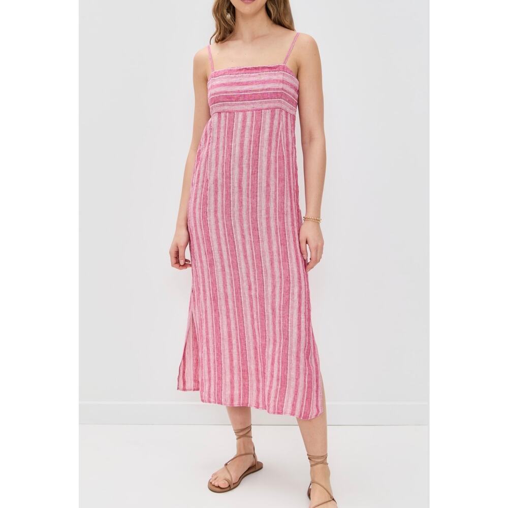 Faherty Sienna Linen Stripe Midi Dress Granita Pink Size Small NWT